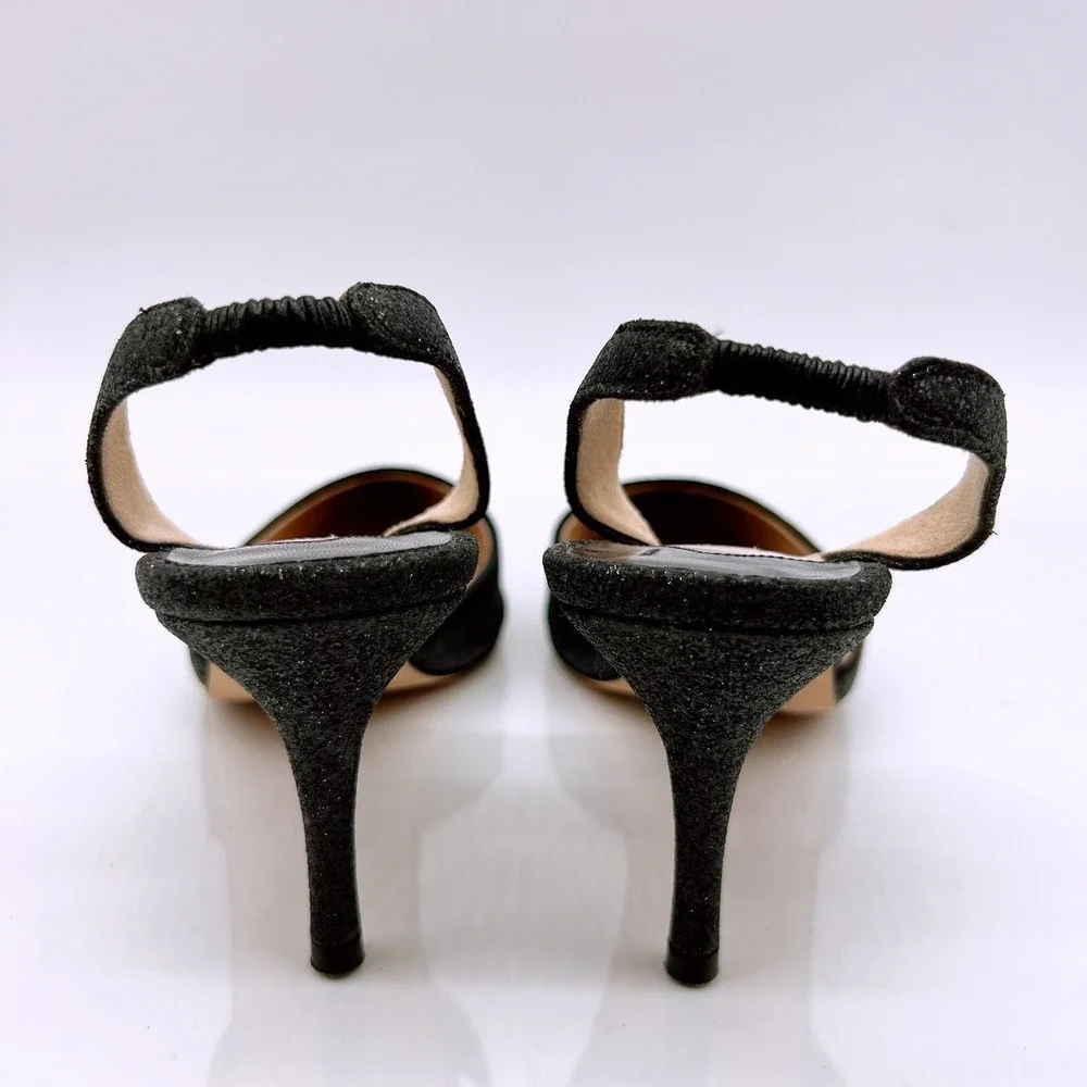 Manolo Blahnik Carolyne Low Heel Women's Slingback Pumps Black Glitter EU 36.5